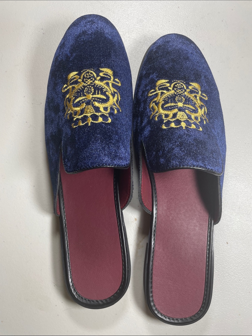 Navy Velvet Embroidered Men's Slip-On Slippers